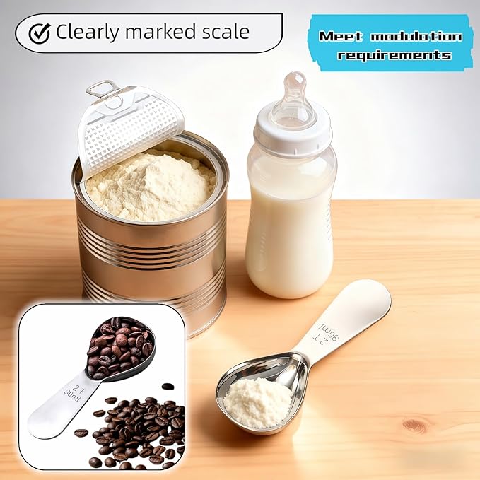 30ml Stainless Steel Coffee Scoop, 2 Tbsp Measuring Spoons for Protein Powder, Sugar, Flour & Tea - Short Handle, Laser Etched Markings, Dishwasher Safe, Heavy-Duty 304 Food-Grade Steel