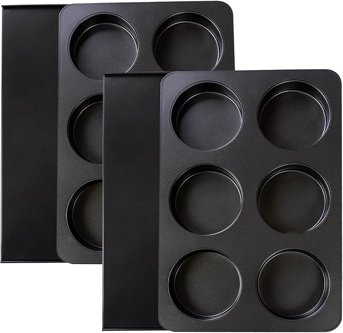 2 Pcs Muffin Pan with Lid, 3.6 Inch Non-Stick 6 Cup Straight English Muffin Top Pan Baking Mold, Hamburger Bun Pan for Baking Egg Sandwich Frittata Cinnamon Roll
