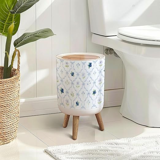 Trash Can with Lid Seamless Ribbons Blueberry Flowers Press Top Round Small Garbage Bin with Wooden Legs Waste Basket for Kitchen Bedroom Nursery 7L/1.8 Gallon