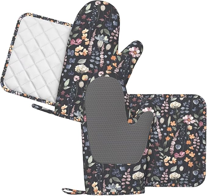 Watercolor Wild Flowers Oven Mitts and Pot Holders Sets Silicone Wildflower Kitchen Oven Mitts Hot Pads Heat Resistant Vintage Floral Potholders Kitchen Mitts Set for Baking BBQ Cooking