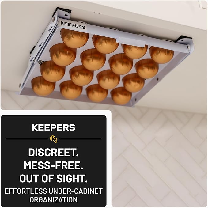 KEEPERS Nespresso® Vertuo® Pod Holder|Under Cabinet Swing Down Coffee Pod Organizer|Keurig® Coffee Pod Holder|K Cup Holder Storage Organizer|Magnet Steel RV Office Small Kitchen 10 x 9in WHITE