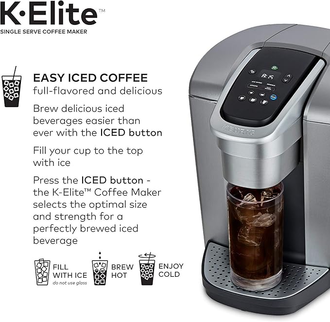 Keurig C K-Elite Maker, Single Serve K-Cup Pod Brewer, with Iced Coffee Capability, Extra Included, 75oz, Brushed Silver Plus Filter Bundle