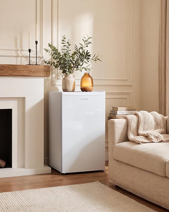 Upstreman 3.2 Cu.Ft Mini Fridge with Freezer, Single Door Mini Fridge, Dorm Fridge, Adjustable Thermostat, Mini Refrigerator for Dorm, Office, Bedroom, White-BR321