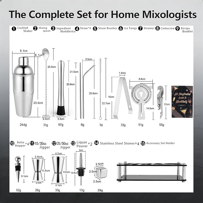 25-Piece Cocktail Shaker Set, Stainless Steel Bartender Kit with Acrylic Stand & Cocktail Recipes Booklet, Professional Bar Tools for Drink Mixing, Home, Bar, Party (Include 4 Whiskey Stones)