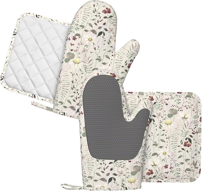 Vintage Wildflowers Oven Mitts and Pot Holders Sets Silicone Abstract Branches and Green Leaves Kitchen Oven Mitts Hot Pads Heat Resistant Potholders Kitchen Mitts Set for Baking Cooking