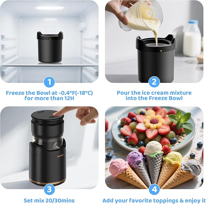 BRIOBITE Ice Cream Maker,Rechargeable Soft Ice Cream Machine with Low Noise,Compact for 1-2 Servings,Perfect for Sorbet,Gelato,Frozen Yogurt,Black