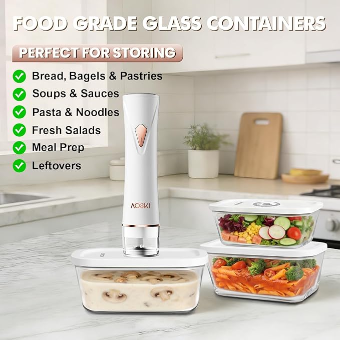 Preserve Compact Vacuum Sealer for Food: Handheld Portable Vacuum Sealer Machine + 3 Glass Vacuum Containers + 30 Vacuum Sealer Bags, Powerful Food Storage for Seal Meal Saver Fridge Sous Vide