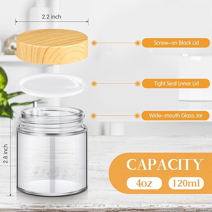 Norme 48 Pcs 4 oz Glass Jars with Lids Empty Small Glass Containers and Inner Liners Reusable Cosmetic Jars Round Airtight Bottles with Plastic Woodgrain Lids for Travel