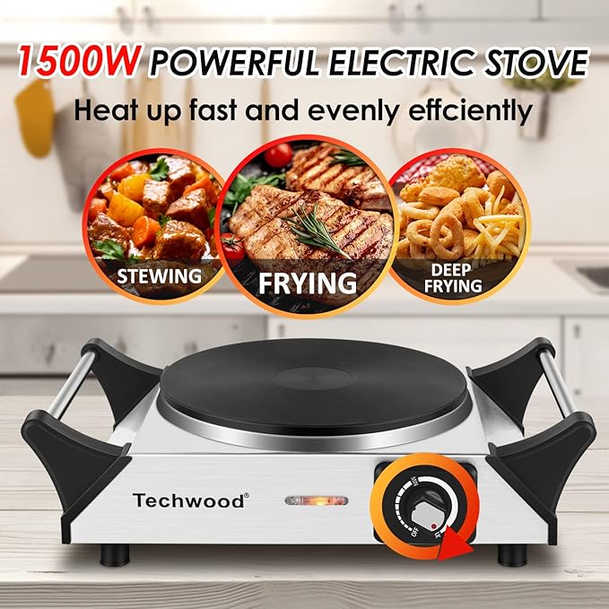 Techwood Hot Plate for Cooking, 1500W Electric Stove Countertop Single Burner with Adjustable Temperature & Stay Cool Handles, 7.5” Cooktop for Home/RV/Camp, Compatible for All Cookwares, Silver