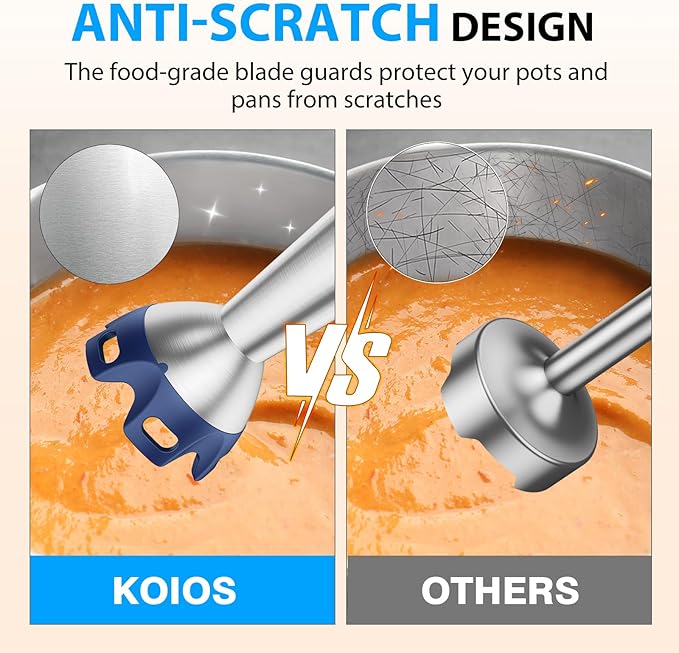 KOIOS Immersion Blender, 1000W Anti-scratch 3-in-1 Hand Blender, Upgraded 12 Speed Stainless Steel Blade Stick Blender with Turbo Mode, Whisk and Milk Frother, Non-BPA, Blue