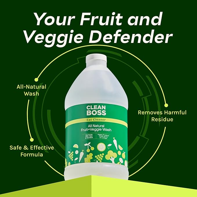 CleanBoss Eat Cleaner Triple-Action Fruit & Veggie Wash (12 oz, Pack of 3) + 64 oz Refill Jug - Removes Harmful Residue - Keeps Produce Fresh Up to 5X Longer - Vegan, Gluten Free