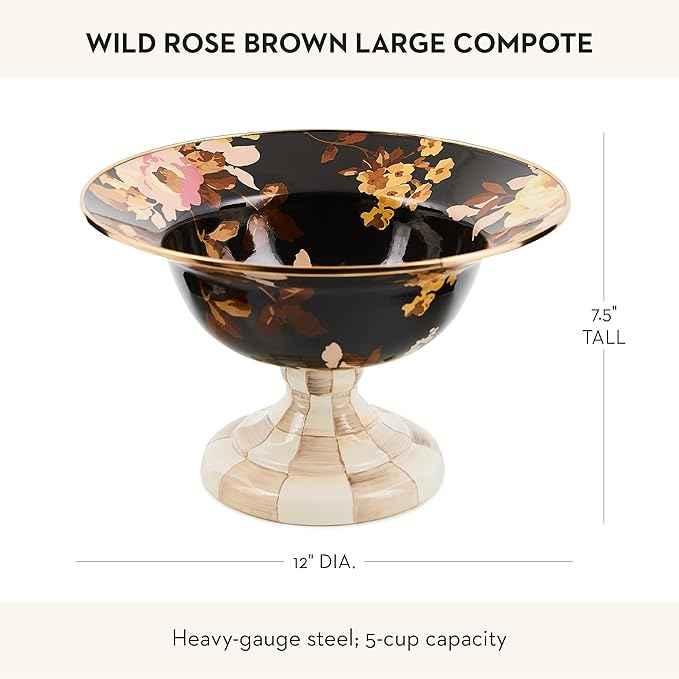 MACKENZIE-CHILDS Enamel Compote, Pedestal Serving Dish or Decorative Bowl, Large, Wild Rose Brown