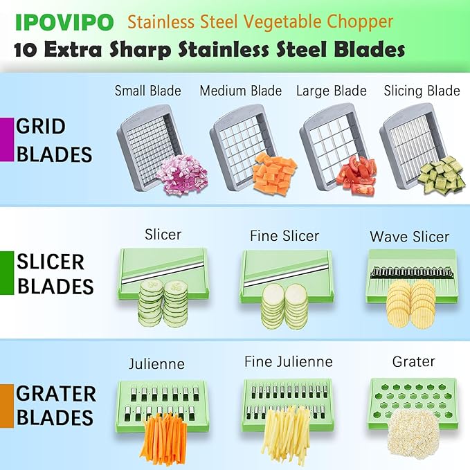 Stainless steel Vegetable Chopper, Veggie Chopper With 10 Blades, Onion Dicer with Container, Food Cutter & Grater Mandoline Slicer