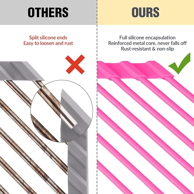 Tomorotec Compact Silicone-Coated Triangle Dish Drying Rack for Sink Corner - Foldable Stainless Steel Over-The-Sink Organizer and Storage Shelf (Hot Pink)