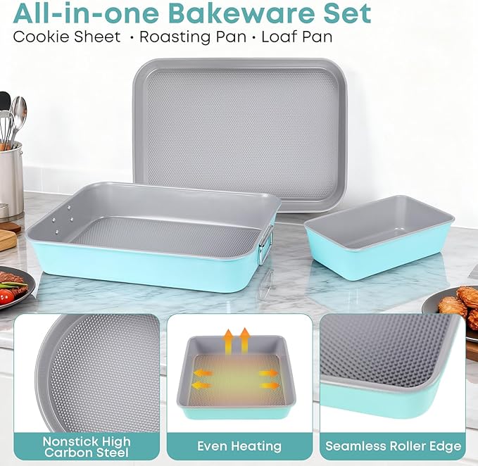 21-pieces Stackable Nonstick Bakeware Set, PTFE/PFOA/PFOS Free Baking Pans Set with Silicone Cup, Oven Mitt, Complete Kitchen Baking Kit for Cake & Loaf, Cookies, Cupcakes