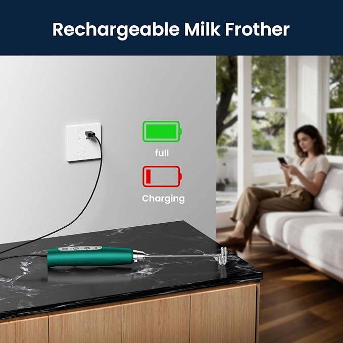 Sakgos Milk Frother Rechargeable Handheld-Electric Whisk 3 Speed Adjustable, Coffee Frother Wand with 3 Stainless Whisks, Electric Foam Maker, Drink Mixer Blender for Latte Cappuccino Matcha Egg