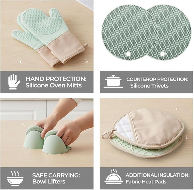8-Piece Silicone Oven Mitts and Pot Holders Set with Hanging Loops - Heat Resistant Kitchen Gloves with Non-Slip Honeycomb Grip - Includes Mini Mitts & Trivet Mats for Cooking, Baking - Green