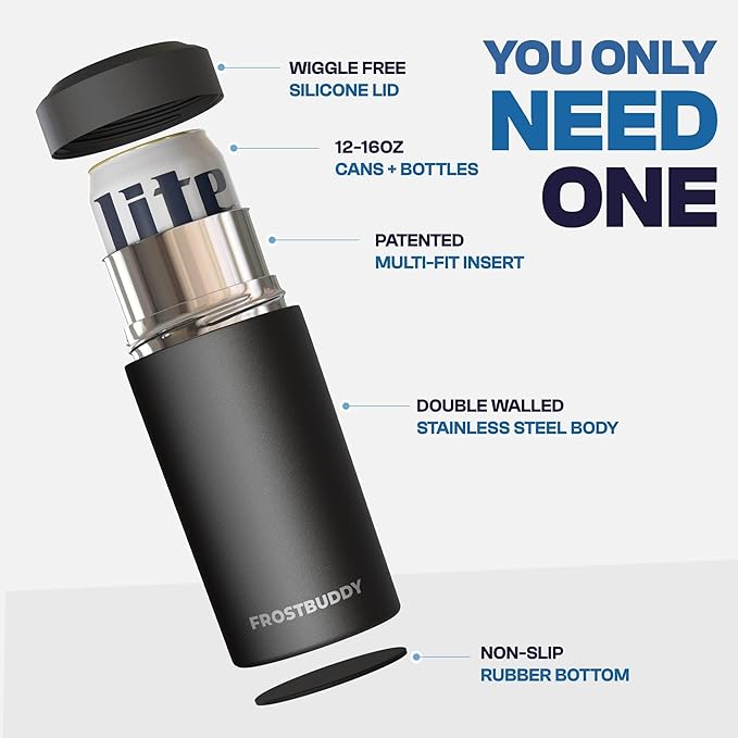 Frost Buddy Universal Can Cooler - Fits all - Stainless Steel Can Cooler for 12 oz & 16 oz Regular or Slim Cans & Bottles - Stainless Steel (Shake My Bones)