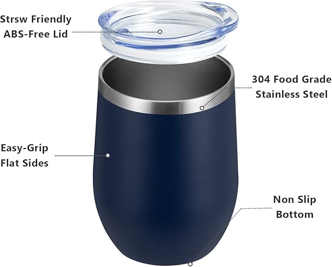 MEWAY 12oz/12 Pack Wine Tumbler Glasses with Lid -Double Wall Vacuum Stainless Steel Travel Tumbler Mug,Stemless Insulated Wine Cup for,Coffee,Cocktails,Gifts (Navy,Set of 12)