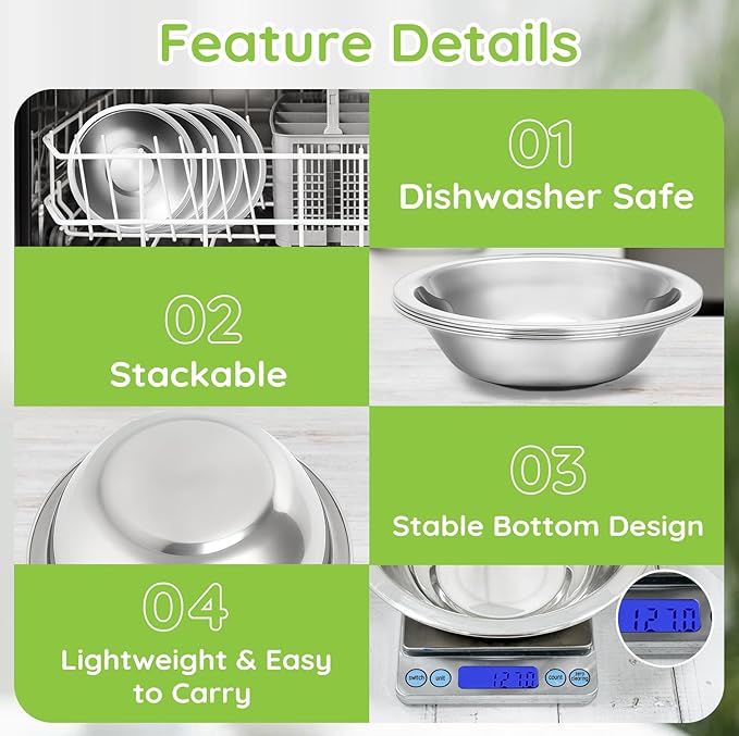 304(18/8) Stainless Steel Mixing Bowls for Kitchen, 6 Pack 8.7" 34.88 fl.oz Metal Mixing Bowls Set Stackable for Baking Serving Cooking Food Prep Storage Dishwasher Safe Lightweight