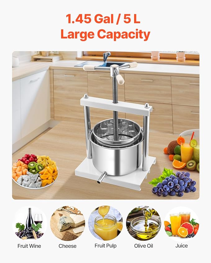 VEVOR 1.45 Gal/5L Fruit Wine Press, 2 Stainless Steel Barrels, Manual Juice Maker, Cider Apple Grape Tincture Honey Olive Oil Making Press with Triangular Handle for Outdoor Kitchen Home