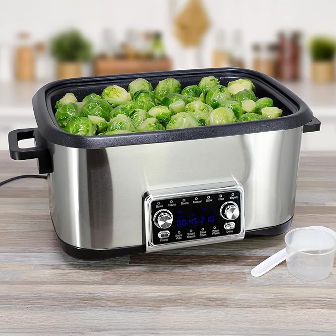8 Quart 12-in-1 Deluxe Multi Cooker with Sous Vide Function, Programmable Electric Pressure Cooker with Non-Stick Pot, Glass Lid & Adjustable Temperature Settings for Family Meals