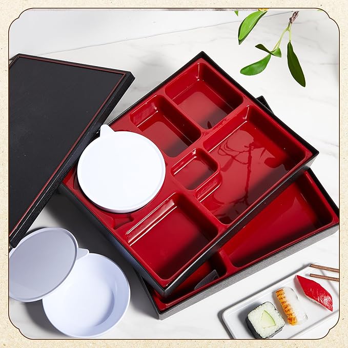 Teenyyou 2 Pcs 12 x 9.5 x 2.2 Inch Japanese Bento Box 6 Compartments and Bowl Divided Lunch Box with Greaseproof Adult Japanese Bento Lunch Container Sushi Home Restaurant