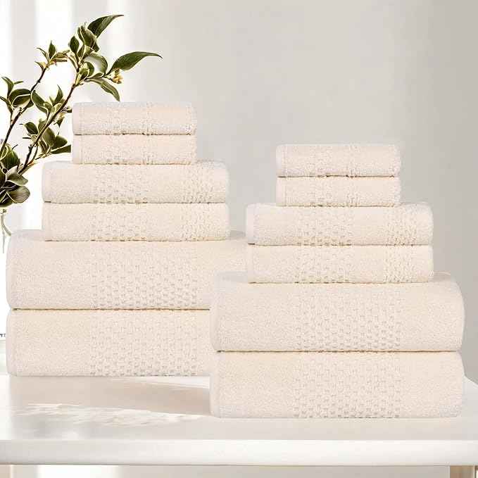 Superior Playa Zero Twist Cotton Medium Weight Towels, for Guest Bath, Bathroom, Shower, Spa, Plush, Quick Dry, Ultra-Soft Towels, Bath Essentials, Waffle Textured, 12 Piece Assorted Towel Set, Ivory