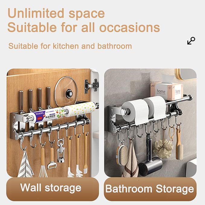 Hanging Wall Mount Knife Wall Mount,Kitchen Utensil Hanger,Space-Saving Kitchen Utensil Rack with Hooks,Kitchen Storage Shelf for Utensils Spatula Spoon, Easy to Clean (Grey, 50CM+10Hook)