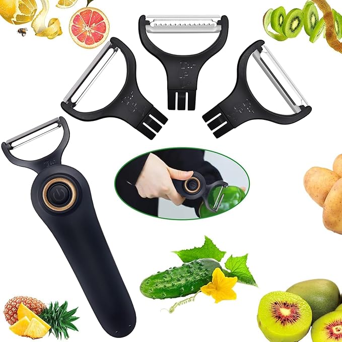 Electric Potato Peeler, Handheld Electric Vegetables and Fruit Peeler 3-in-1 Pro Set, USB Rechargeable Kitchen Gadgets for Apples, Potato, Carrots, Cucumber (Black)