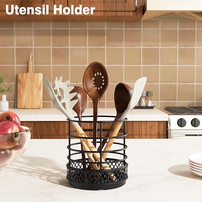 Metal Kitchen Utensil Holder for Kitchen Counter-5.43 x 5.98 inch, Black Utensil Crock for Spatula, Spoon, Fork & Knife, Rustproof Organizer