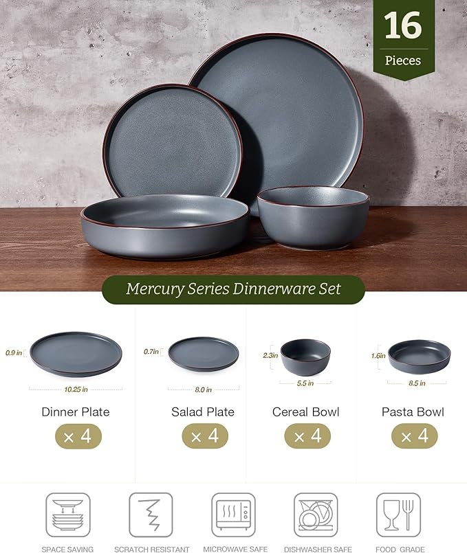Famiware Mercury Dinnerware Sets with Pasta Bowls, Service for 4 (16 Pieces), Plates and Bowls Sets, Microwave and Dishwasher Safe Dishes Set, Charcoal