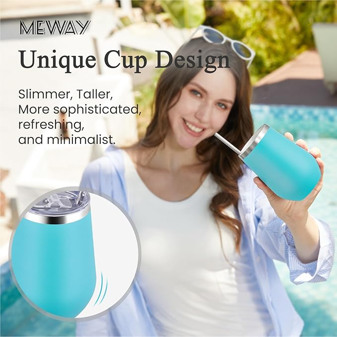 MEWAY 12oz Insulated Wine Tumbler with Lid and Straw - Double Wall Vacuum Stainless Steel Wine glass, Ideal for Travel and Office, Baby shower prizes for winners(Light Green,Set of 8)