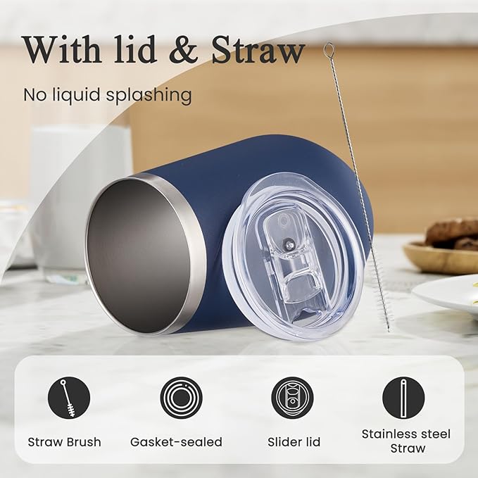 MEWAY 12oz/8 Pack Wine Tumbler Glasses with Lid - Stemless Double Wall Vacuum Stainless Steel Tumbler Keeping Cold & Hot for Wine,Drinks - Family and Gifts, Ideal for Travel and Office(Navy,Set of 8)