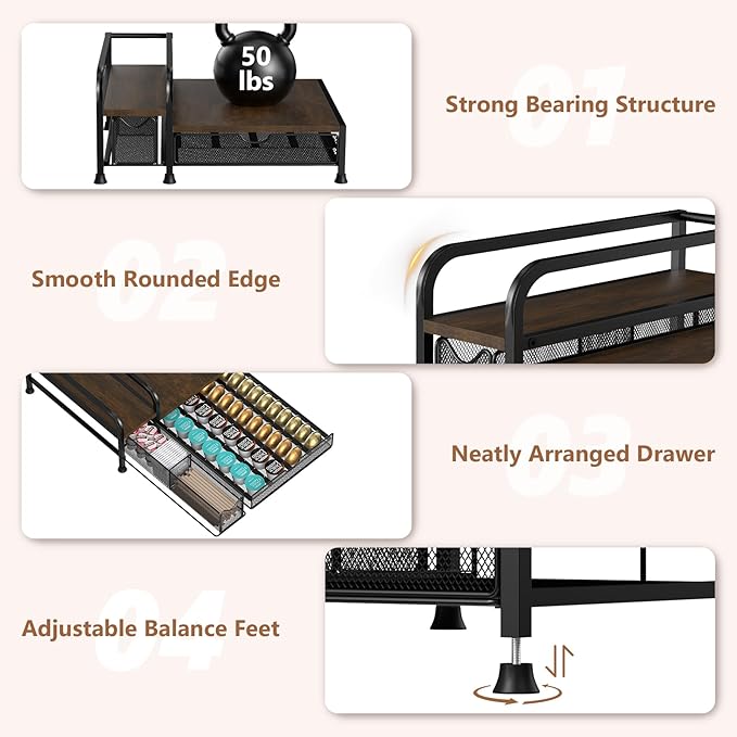 Coffee Bar Organizer with Pod Holder Drawer, 4 Syrup Bottle 40 Pods Capacity for Nespresso, Coffee Station Organizer for Most Single-Serve Brewers, Countertop K Cup Holder for Kitchen Cafe Office