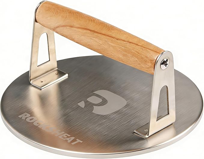 Smash Burger Press, 7 Inch 3mm Thickened Food Grade Stainless Steel Heavy Duty Round Grill Griddle Press with Wood Handle, Non-Stick for Hamburger Bacon Steak Panini