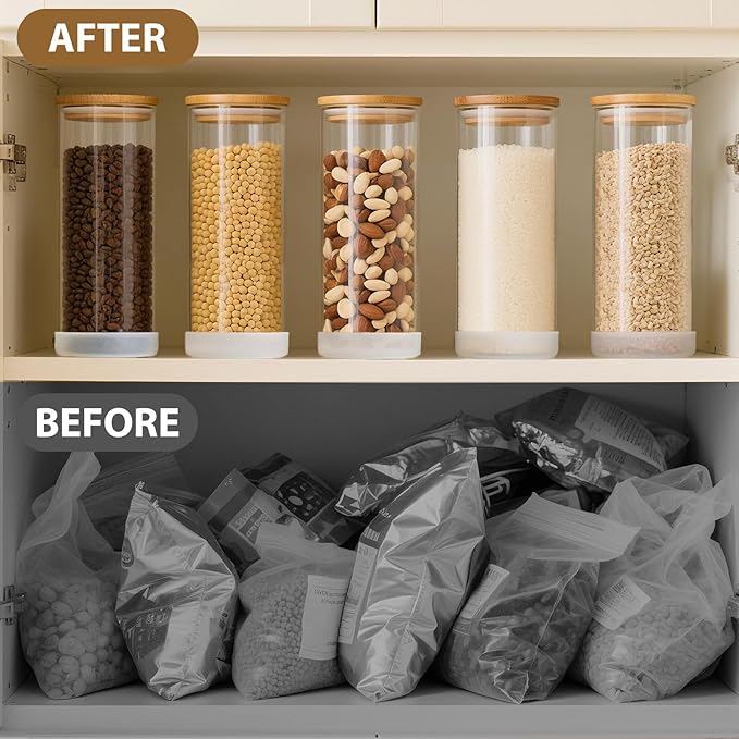 TBWIND 34oz Round Glass Storage Containers with Bamboo Lids – 6 Pack Medium Clear Food Airtight Glass Jars for Pantry Organizers and Storage, Kitchen Dry Food, Flour, Cereal, Coffee Beans & Staples