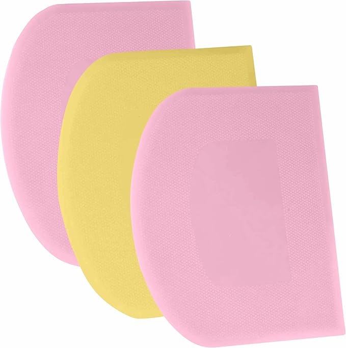 SURDOCA Dough Scraper Bench Scraper - 3P 11.8x7.3" Plastic Flexible Bowl Scraper, Sharp Edge & Angles Cake Scraper. Non-Slip Bakeware Decorating Tools Sculpting & Modeling Tools - Pink+Yellow+Pink