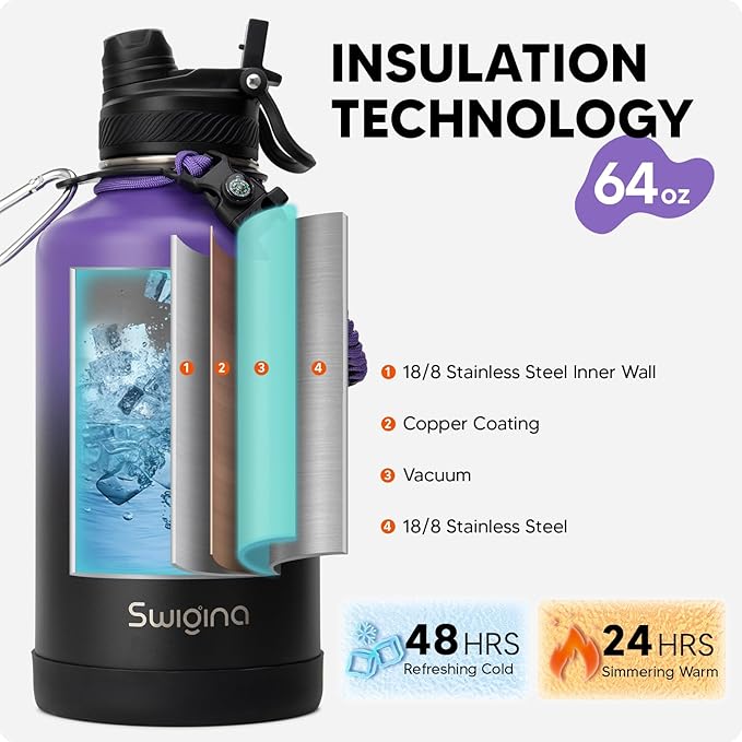Swigina [2-IN-1 LID] 64 oz Insulated Water Bottle with Silicone Boot (48hrs Cold/24hrs Hot) - DIY Stickers, Leakproof, BPA Free, Half Gallon