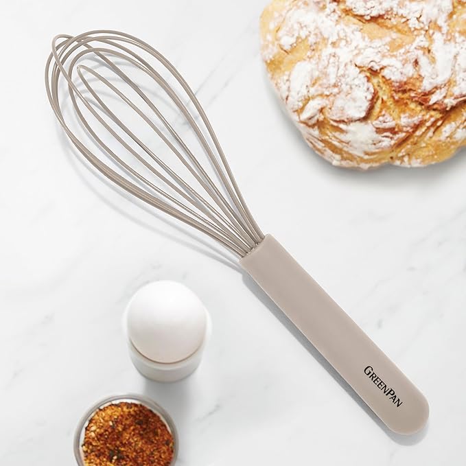 GreenPan Silicone Whisk, Mixing Blending Beating Stirring Cooking Kitchen Utensil, Flexible Rubber Nonstick Cookware, Rigid Steel Core, Heat-Resistant, Anti-Slip Handle BPA-Free Dishwasher Safe, Taupe