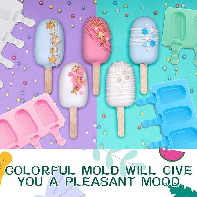 Irenare 12 Pcs Cakesicle Molds Silicone Small, 4 Cavities Cake Pop Mold Ice Pop Mold Ice Cream Molds Oval with 400 Wooden Sticks for DIY Cake