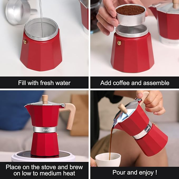 Sivaphe Aluminum Moka Pot 6 Espresso Cups, Percolator Espresso and Coffee Maker, Portable Stovetop Italian and Cuban Café Brewer for Home and Camping Red