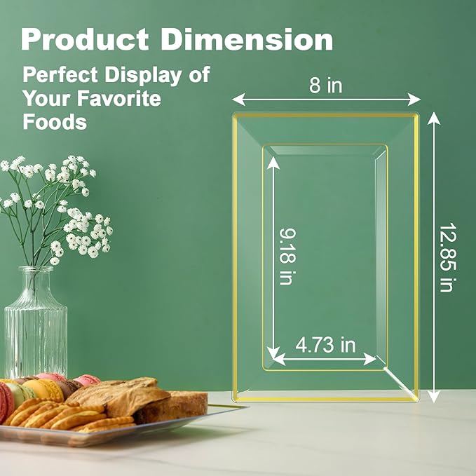 FOCUSLINE 8 PCS Plastic Serving Trays for Party, Clear and Gold Rim Serving Platters and Trays, Premium Plastic Fruit Tray, Disposable Platters for Cupcake, Dessert, Appetizers