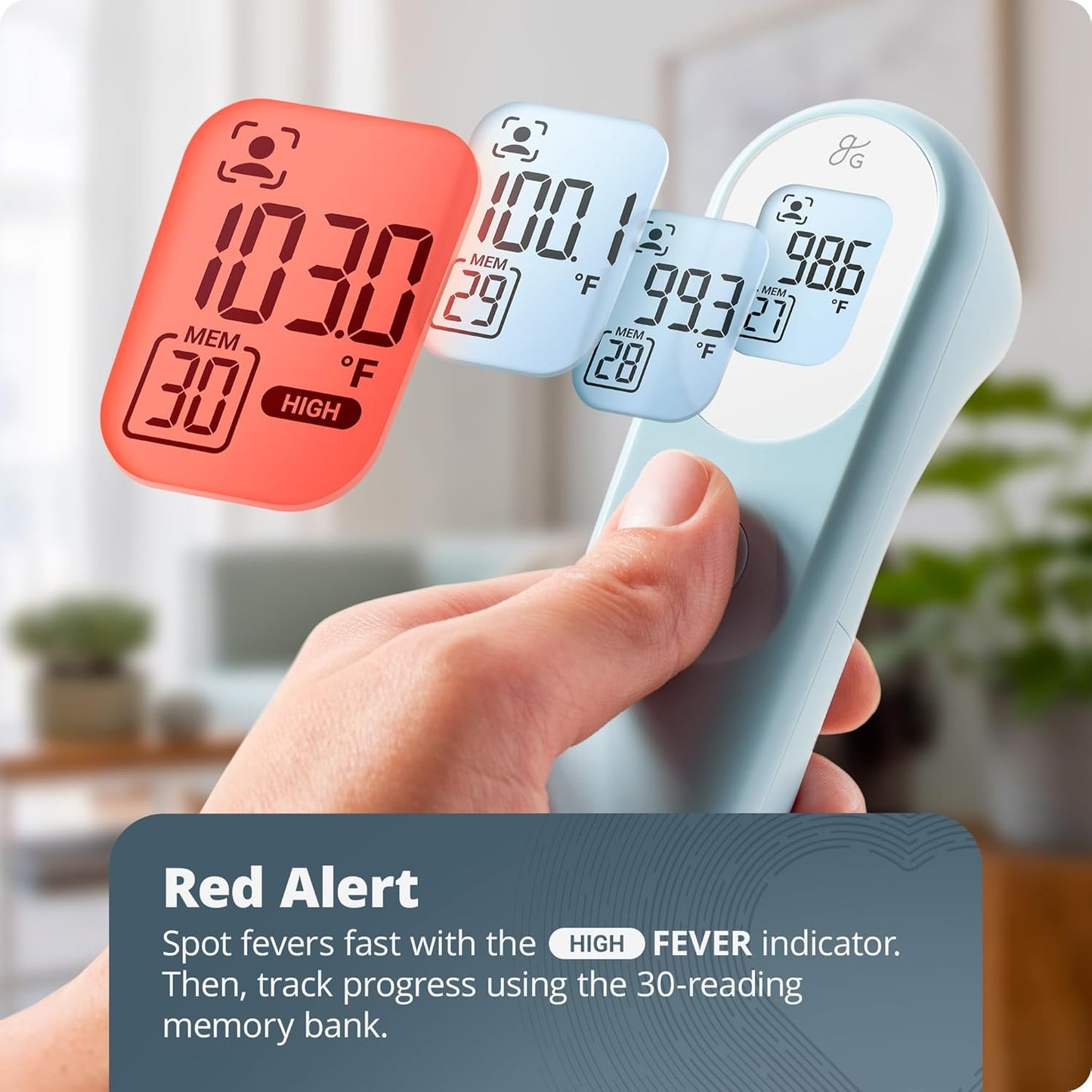 Greater Goods No-Touch Infrared Digital Thermometer for Adults, Kids, and Babies, Forehead Thermometer with Ergonomic Grip, Fever Alarm, Powder Blue
