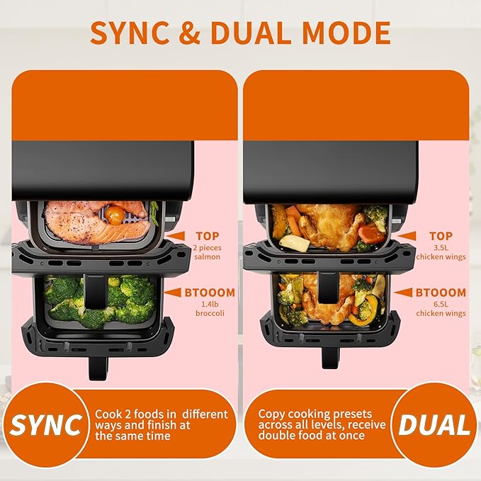 10L Double Stack Air Fryer, Dual Basket Vertical Air Fryer with 10-in-1 Presets, Bake/Roast/Dehydrate, SYNC & DUAL Cooking Modes, Double View Window, Black