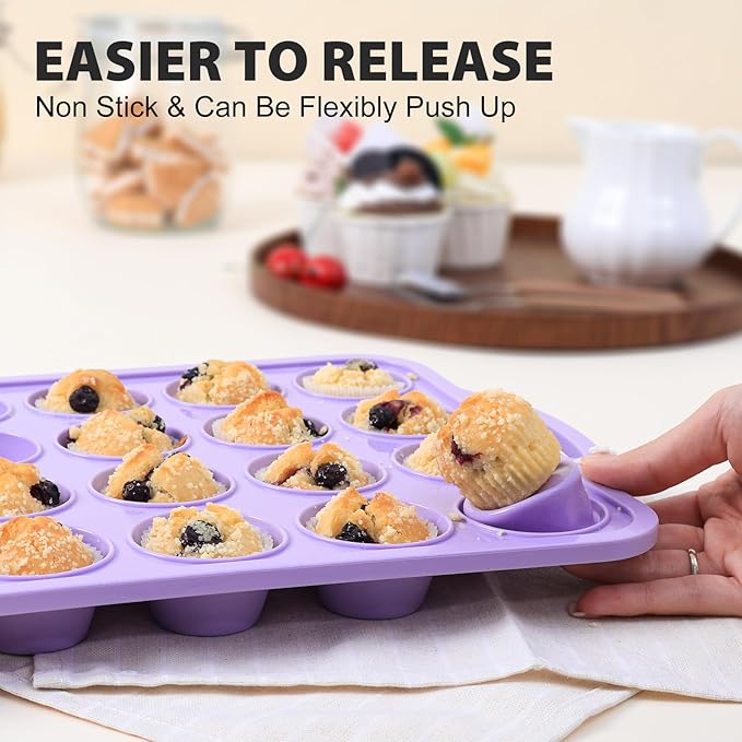 2 Pack Silicone Muffin Pan 12 and 24 Cup with Metal Frame, Non Stick Silicone Mini Cupcake Pan with Handles, BPA Free Silicon Regular Muffin Tin Tray Small for baking, egg bites, Mold Purple