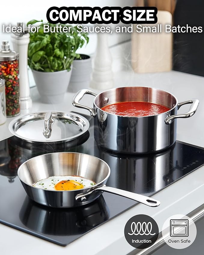 Cooks Standard Multi-Ply Clad Stainless Steel Butter Warmer, Small Sauce Pan with Lid, 0.68 Qt Chocolate Melting Pot for Seafood, Milk Cheese Cooking Camping Pot with Dual Handles