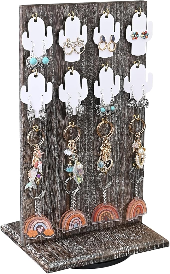 Ikee Design Wooden Rotating Two-Sided Jewelry Display Stand, Rotating Organizer with 32 Hooks for Store, Keychain Earring Display with Hooks, Coffee color, 9 W x 7.5 D x 16.5 H in