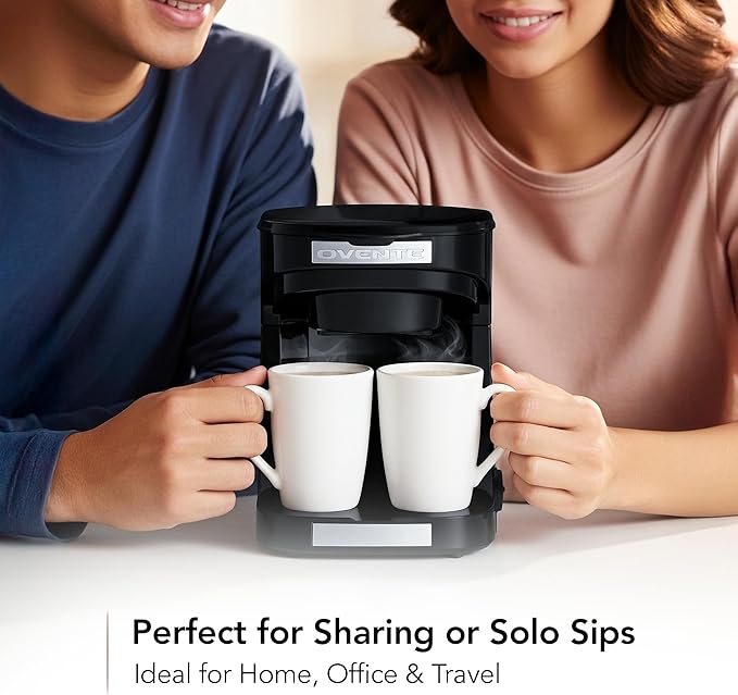 OVENTE Double Drip Coffee Maker with 2 Ceramic Mugs and Auto Shut Off, Small Dual Drip Coffee Maker Machine Works with Ground Coffee Only, Compact Kitchen or Office Essential, Black CMDD2MB