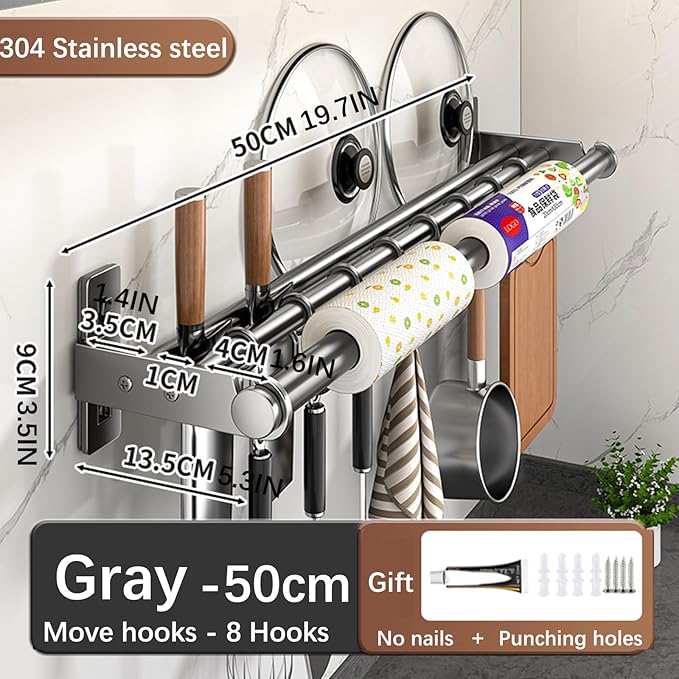 Hanging Wall Mount knife Wall Mount, Kitchen Organizer Storage Shelf for Utensils Spatula Spoon, Space-Saving Knife Rack with Hooks,Wall-Mounted Utensil Holder (Black, 50CM+Three Poles+8Hooks)